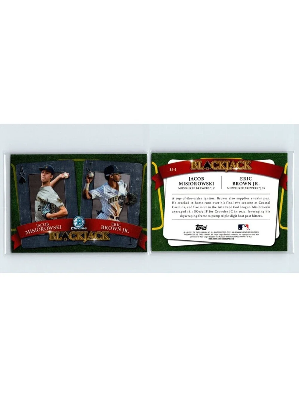 2022 Bowman Chrome Jacob Misiorowski Eric Brown Jr. #BJ-4 Blackjack Brewers